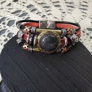 Genuine Leather & Howlite Multistrand Stainless Steel Bracelet